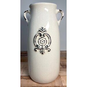 Vintage-Inspired White Ceramic Vase With Handles Embossed Floral Design Large